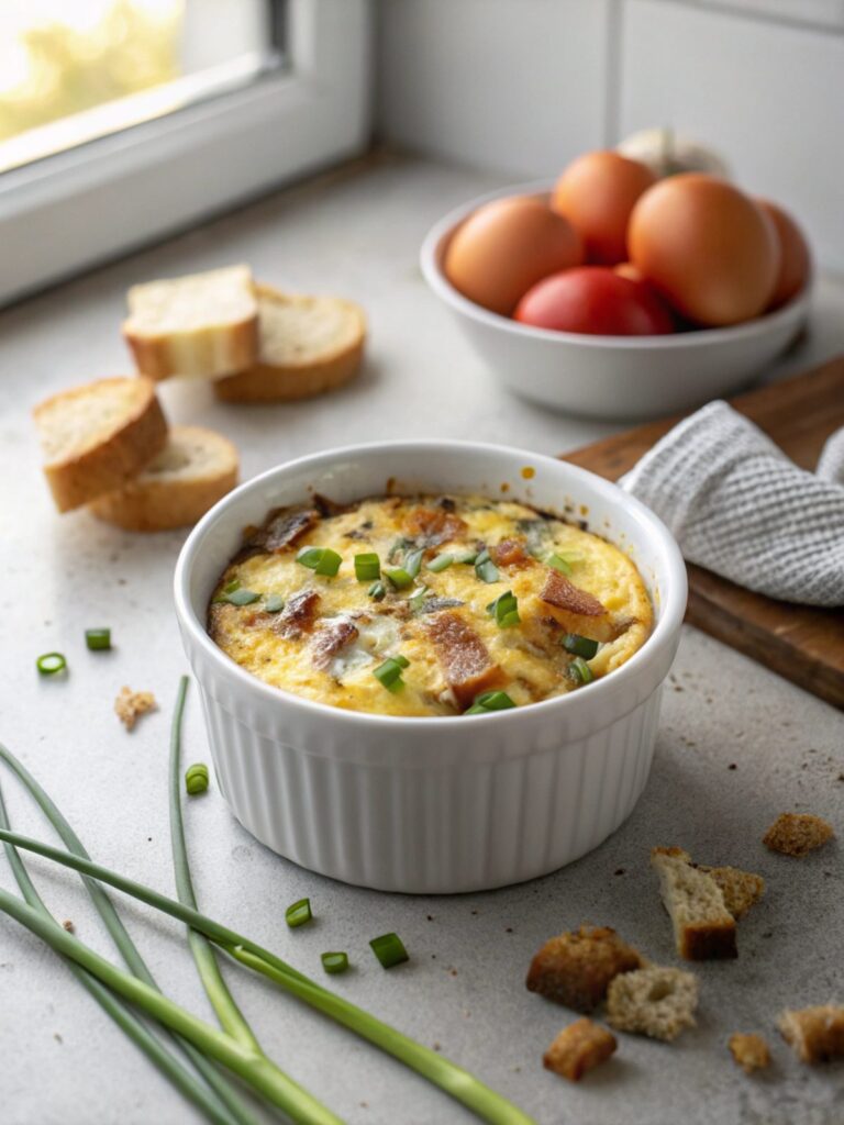 Hero shot of Keto Onion Breakfast Casserole freshly baked.