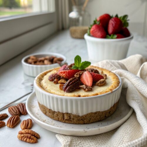 Delicious Keto Pecans Cheesecake Dessert Recipe served beautifully on a plate.