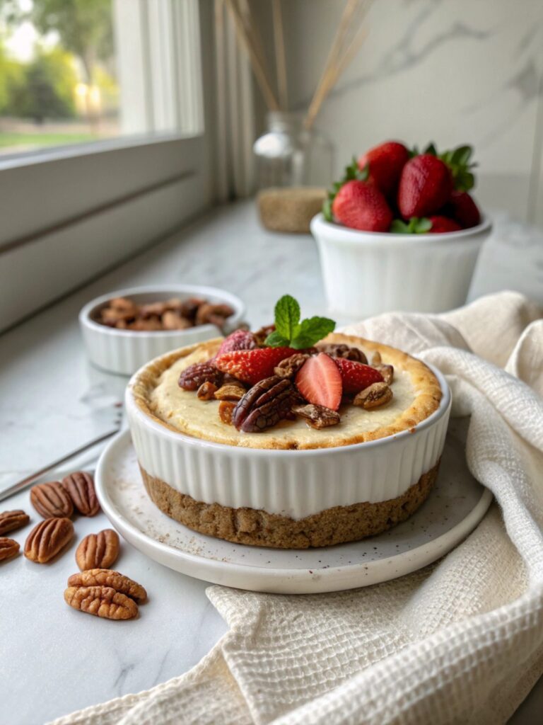 Delicious Keto Pecans Cheesecake Dessert Recipe served beautifully on a plate.