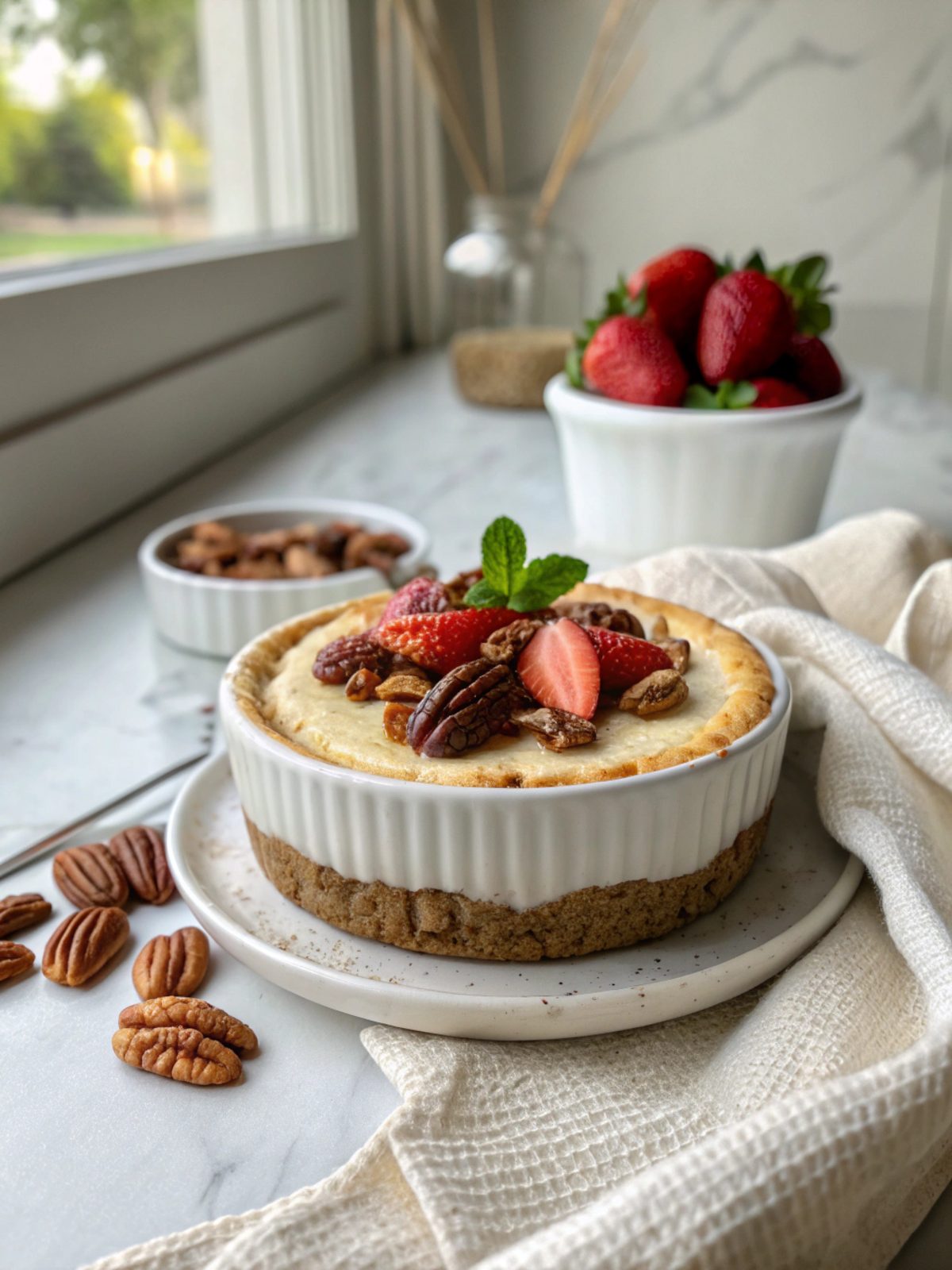 Delicious Keto Pecans Cheesecake Dessert Recipe served beautifully on a plate.