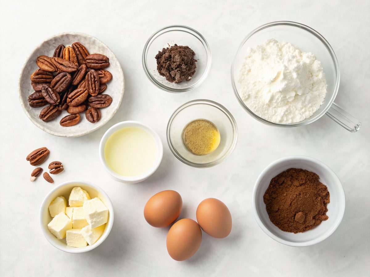 Ingredients for keto pecans cheesecake dessert recipe laid out on a counter.