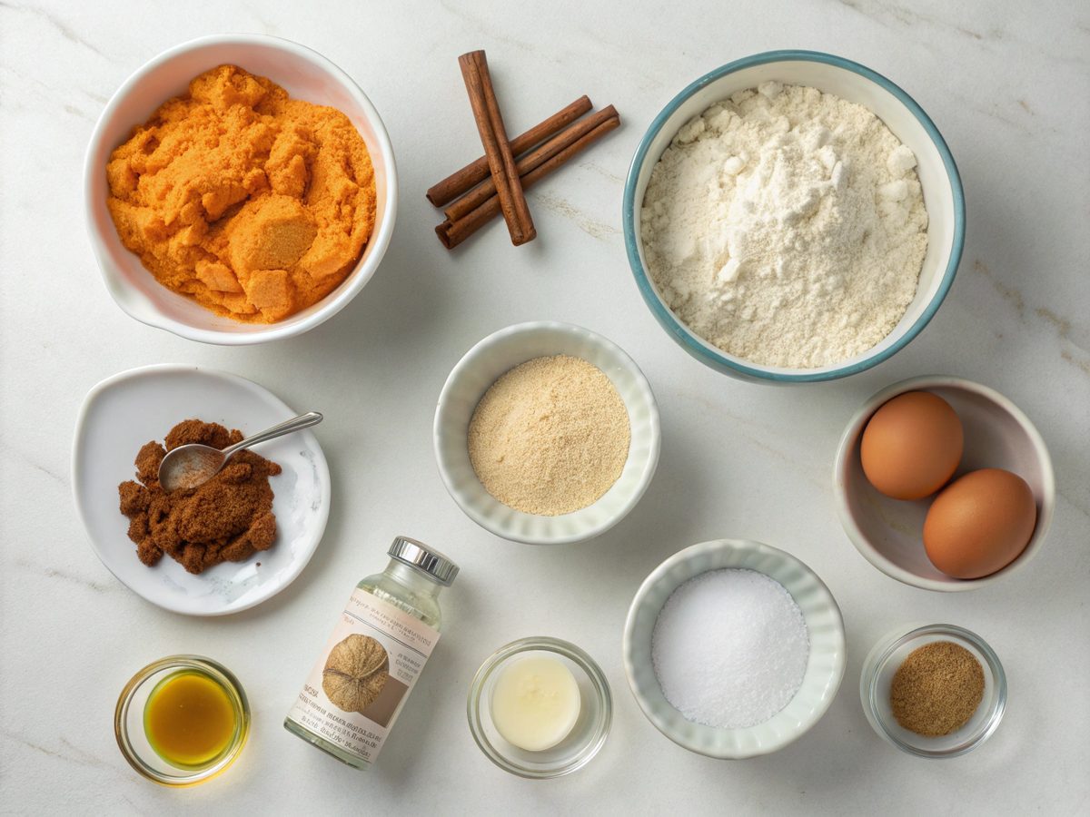 Flat lay image showing ingredients for keto pumpkin bars including almond flour, pumpkin puree, sweetener, and spices.