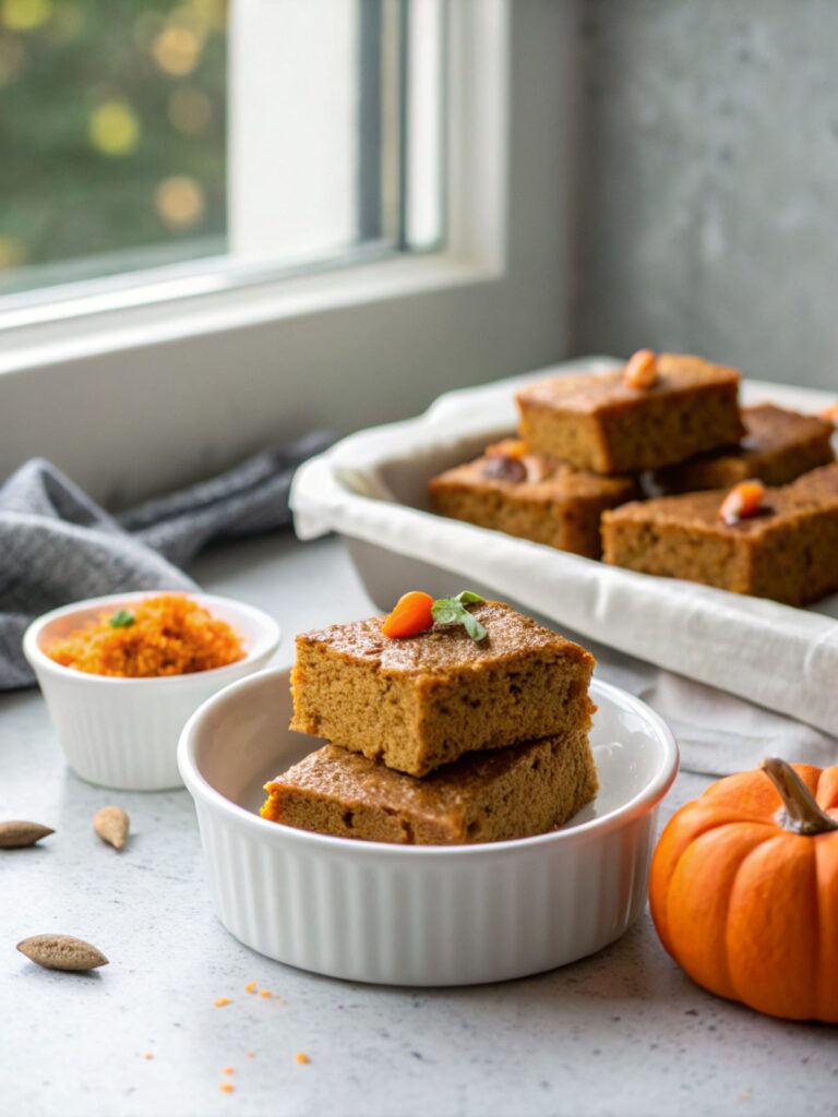 Delicious look at keto pumpkin bars, showcasing sugarless crystals and pumpkin flavors.
