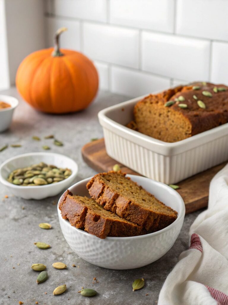 A delicious slice of keto pumpkin bread, perfect for fall.