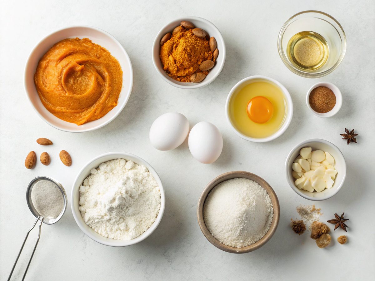 Ingredients for making keto pumpkin bread laid out on a kitchen counter.
