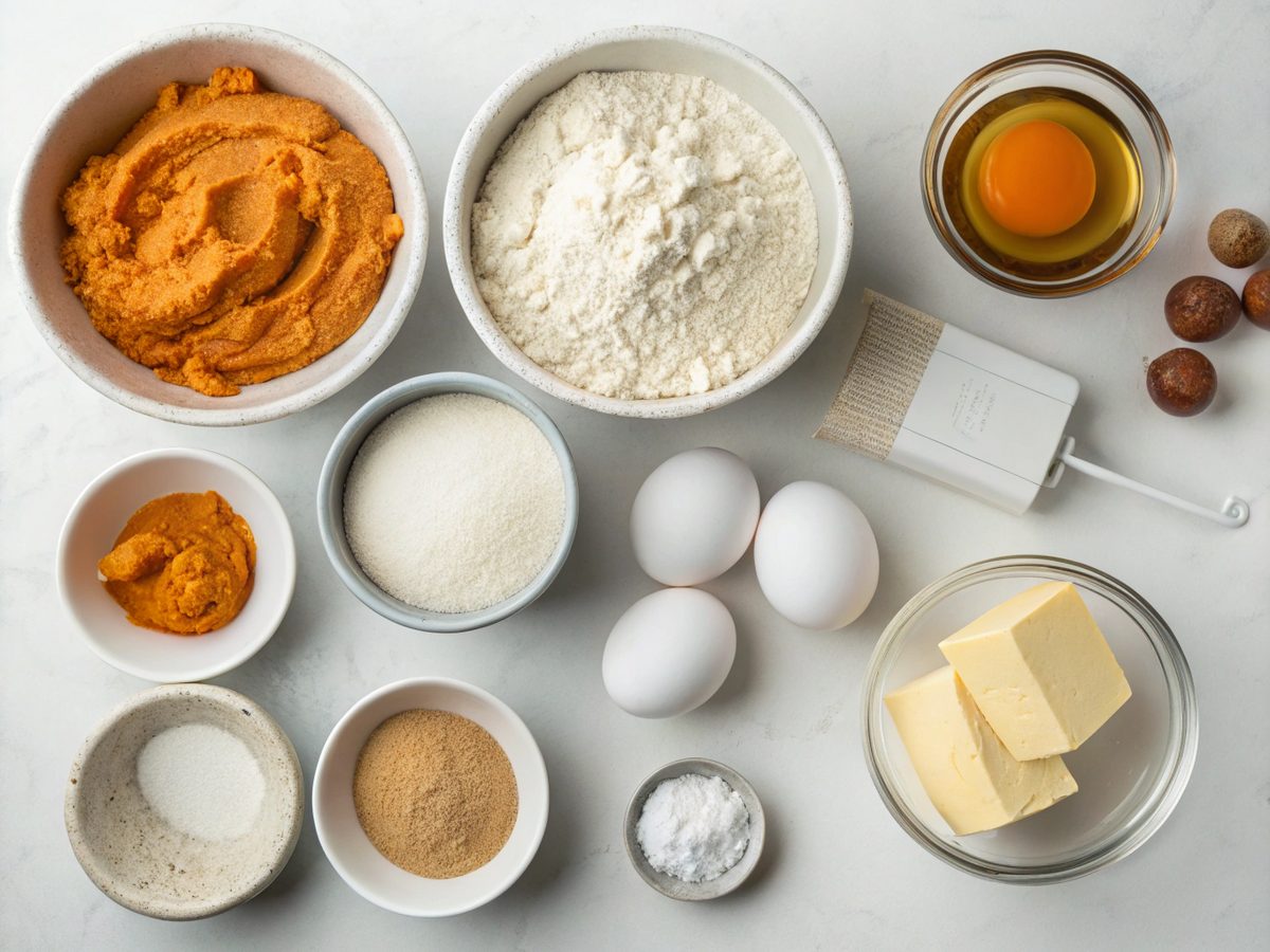 Ingredients for keto pumpkin cake, featuring a fall dessert theme
