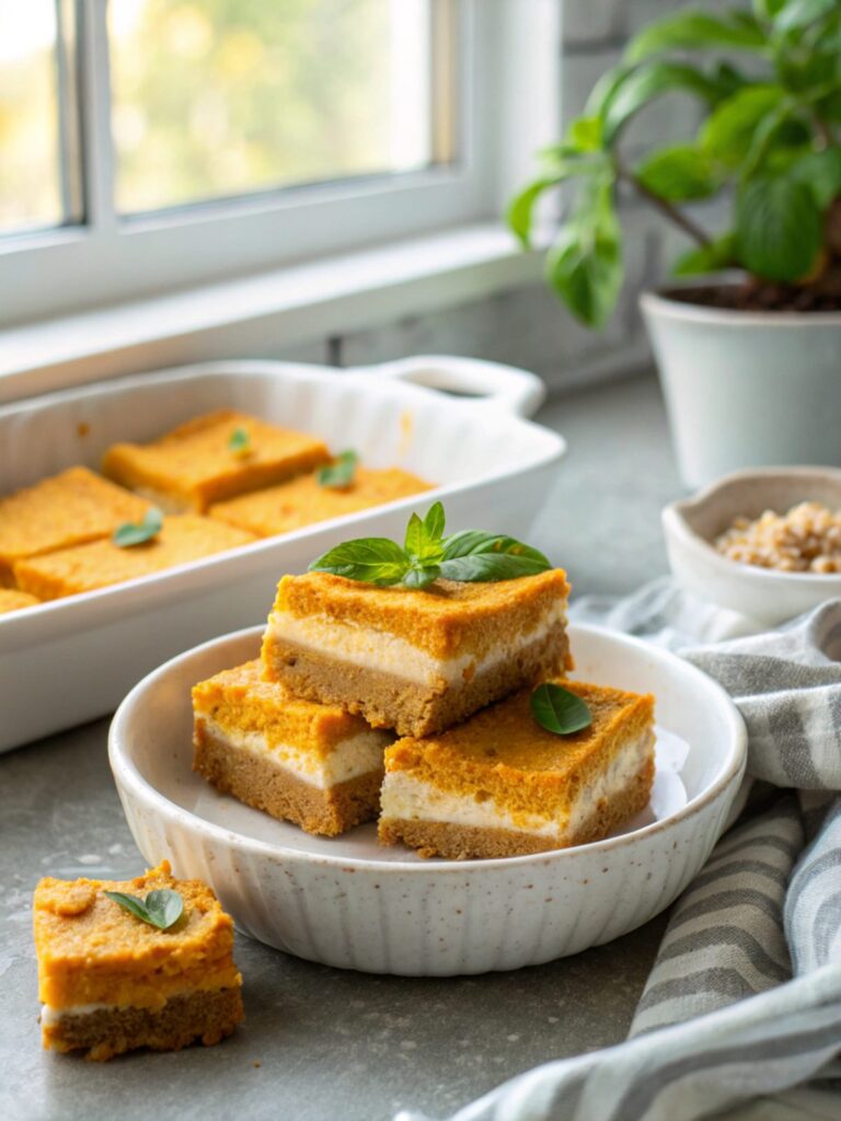 SEO-friendly alt text describing delicious keto pumpkin cheesecake bars served in an aesthetic style.