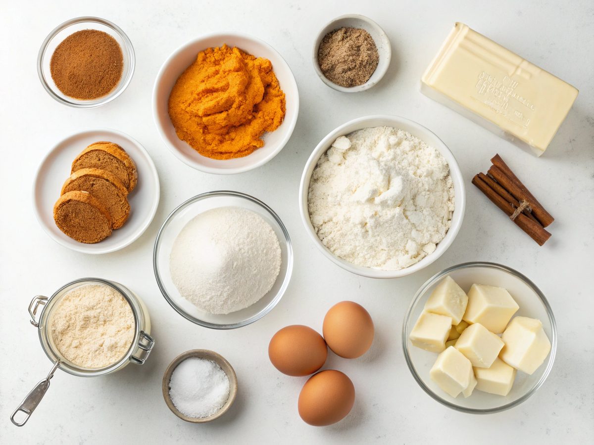 Ingredients for keto pumpkin cheesecake bars laid out on a white background