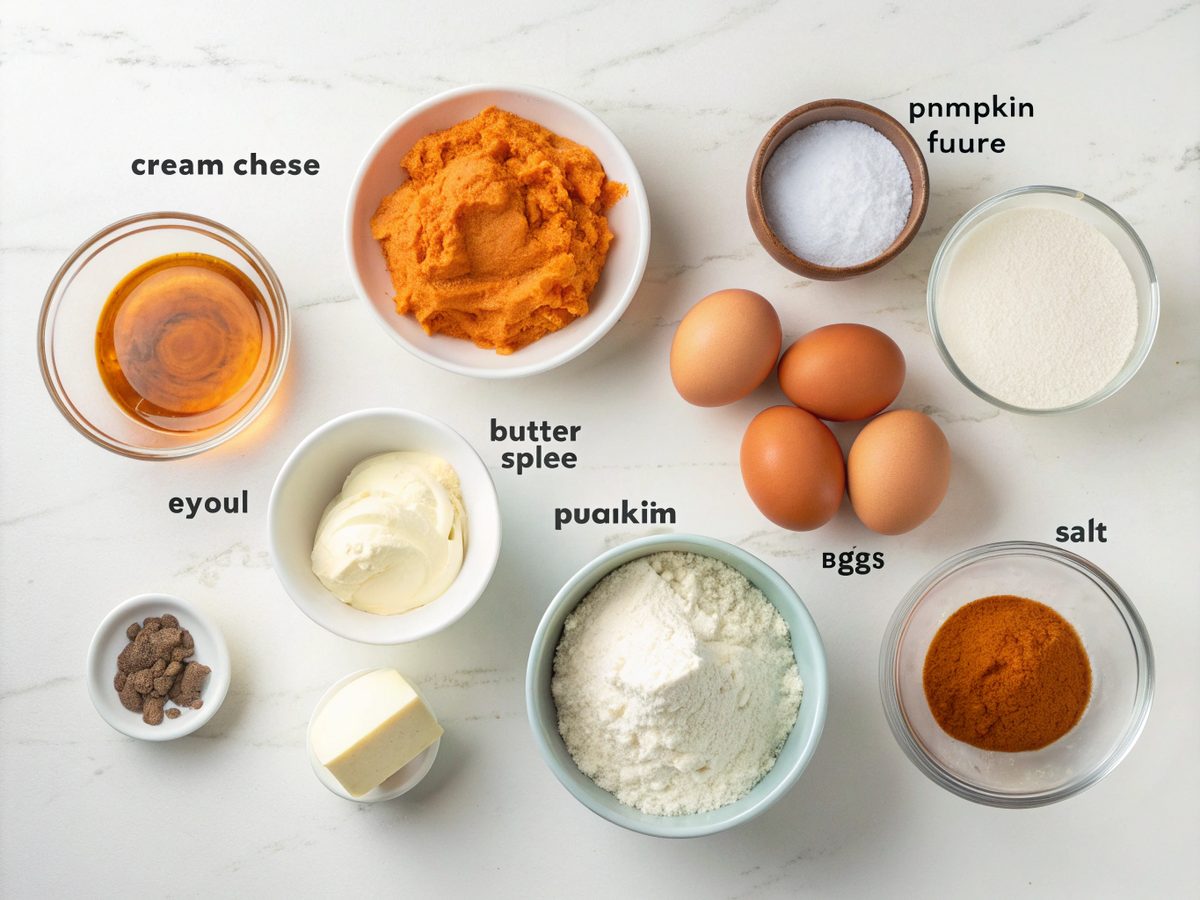 Cream cheese, almond flour, pumpkin puree, and spices for keto pumpkin cheesecake bars