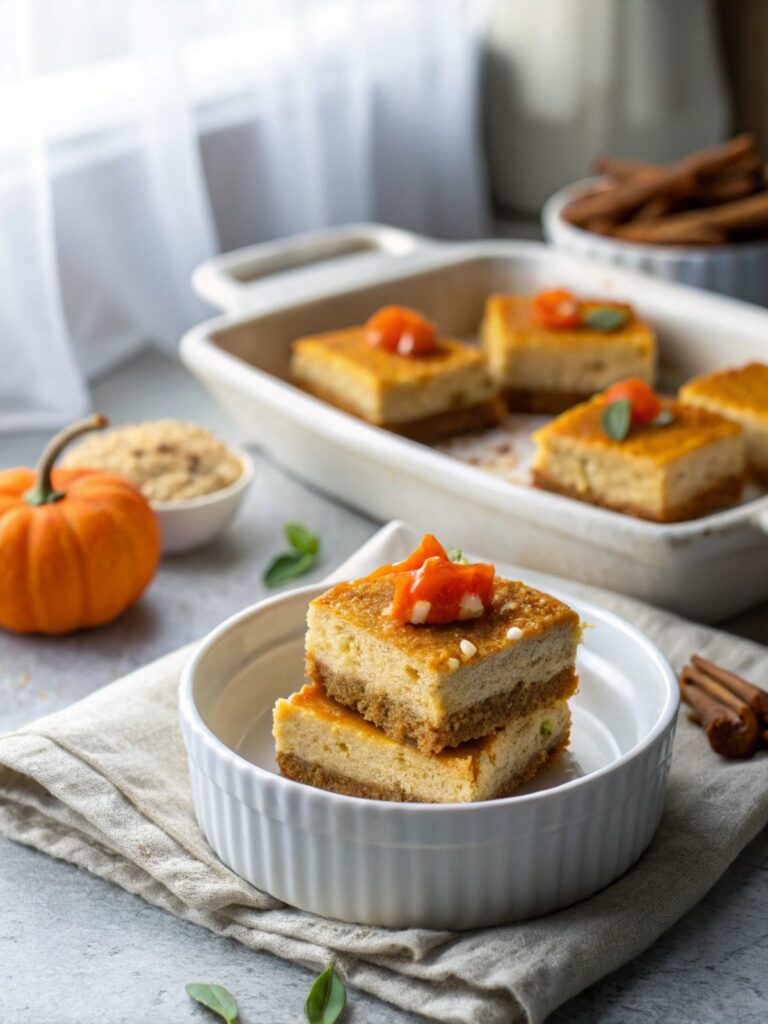 A delicious slice of keto pumpkin cheesecake bar on a plate, vividly showcasing layers