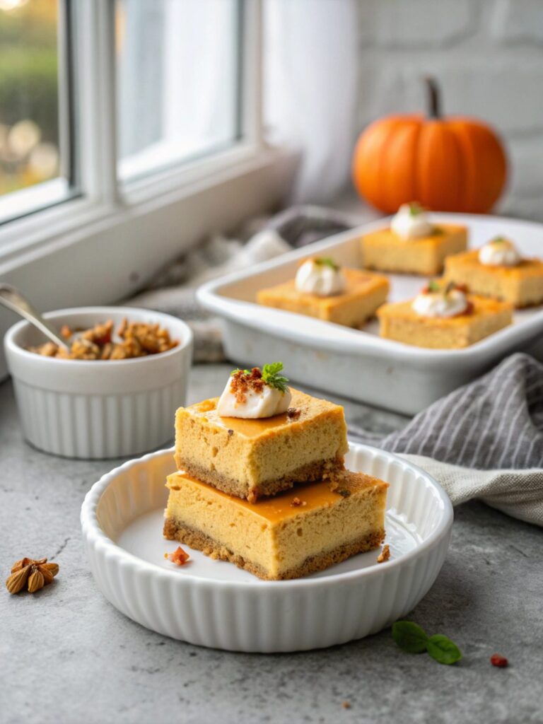 Cheesecake bars with creamy pumpkin and spicy notes, served attractively.