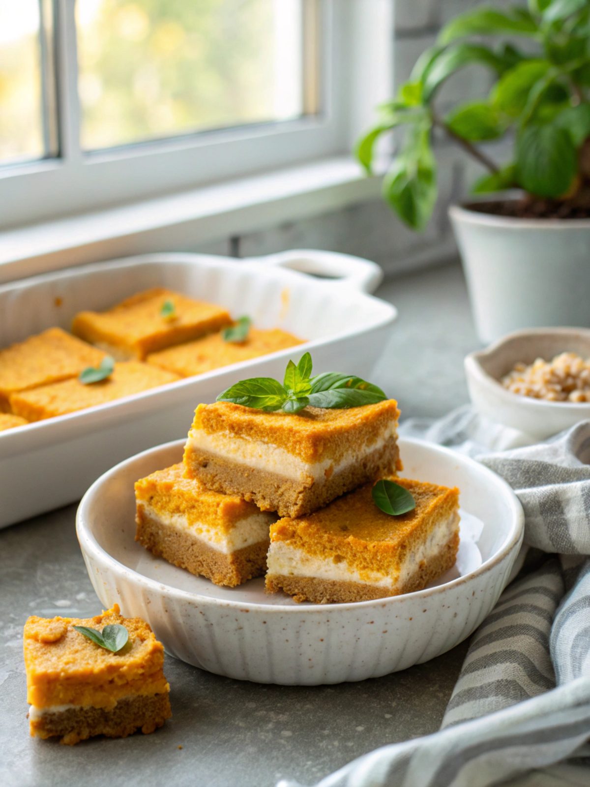 SEO-friendly alt text describing delicious keto pumpkin cheesecake bars served in an aesthetic style.