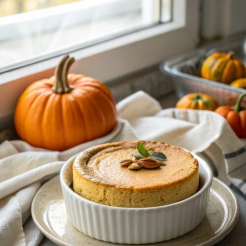 A delicious slice of keto pumpkin cheesecake topped with whipped cream.