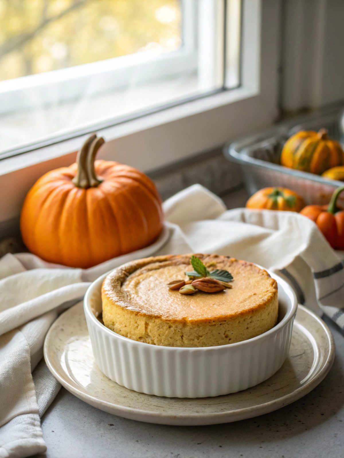 A delicious slice of keto pumpkin cheesecake topped with whipped cream.