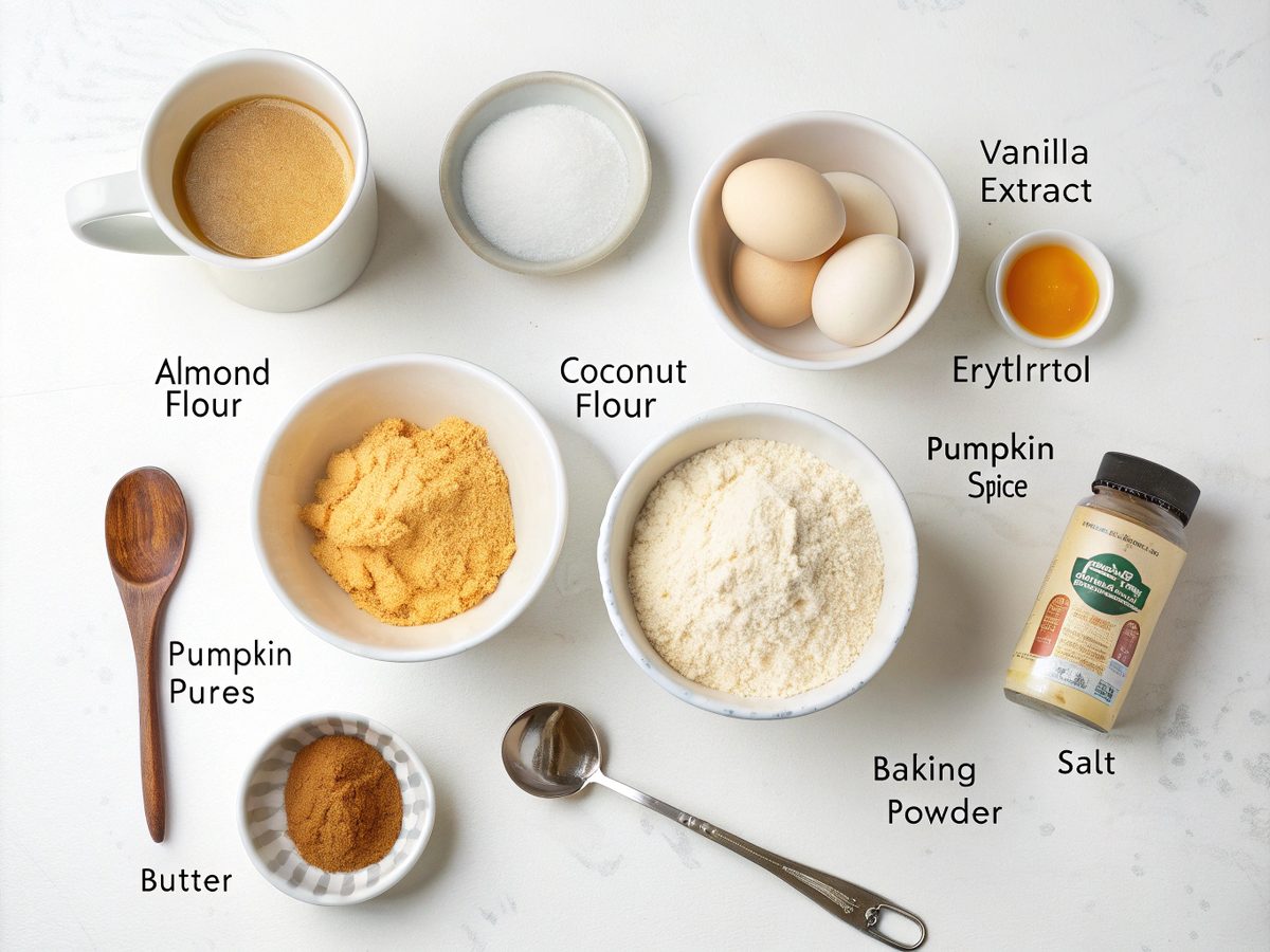 Flat lay of keto pumpkin cookies ingredients including almond flour, pumpkin puree, and other essentials.