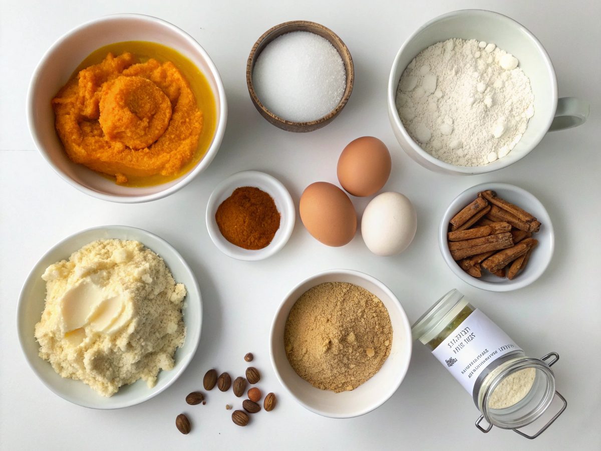 Flat lay of keto pumpkin pie (crustless) ingredients