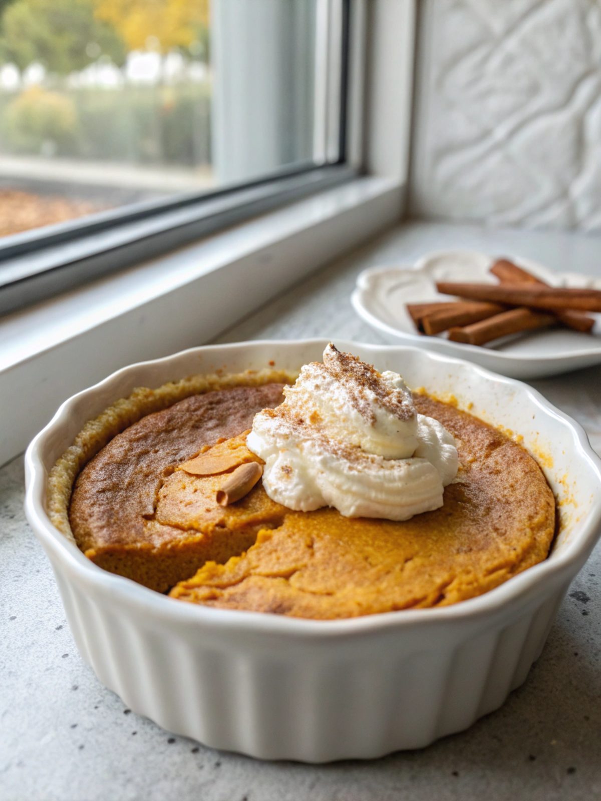 A delicious slice of crustless keto pumpkin pie, rich and creamy.