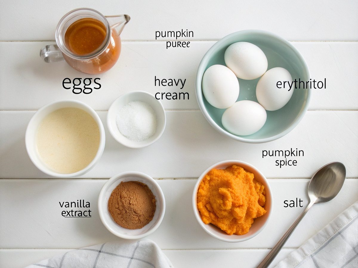 Flat lay of keto pumpkin pie ingredients including pumpkin puree and spices.
