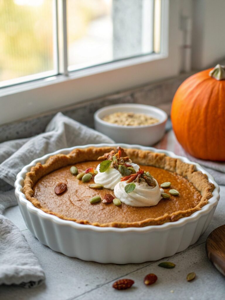 Featured image showing a freshly baked keto pumpkin pie slice with cream