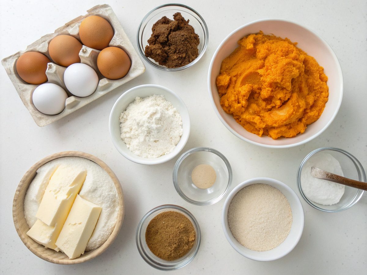 All ingredients for keto pumpkin roll displayed, creating a visual food collage