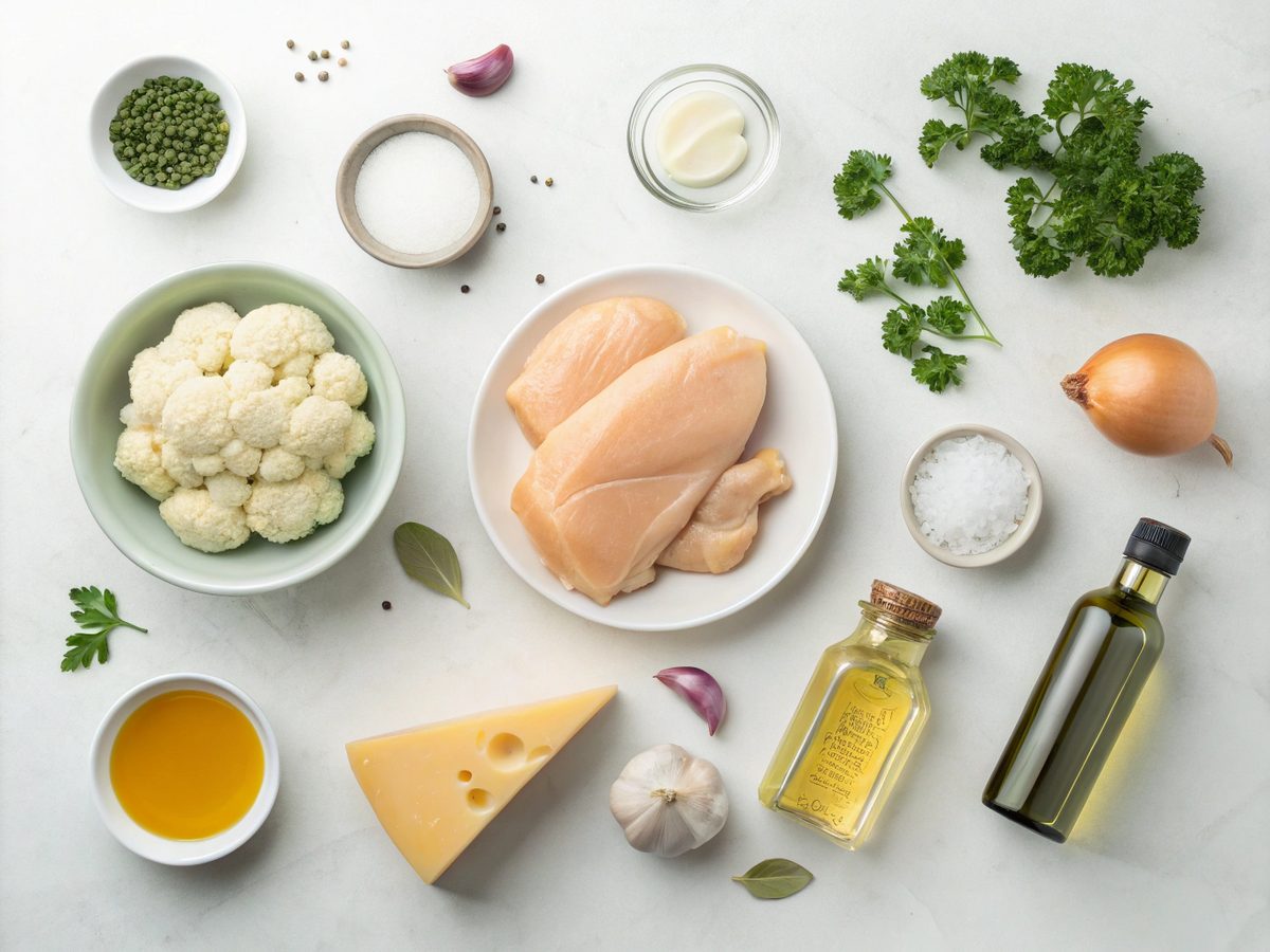 Ingredients for Keto Ranch Chowder Recipe, showcasing fresh produce and proteins