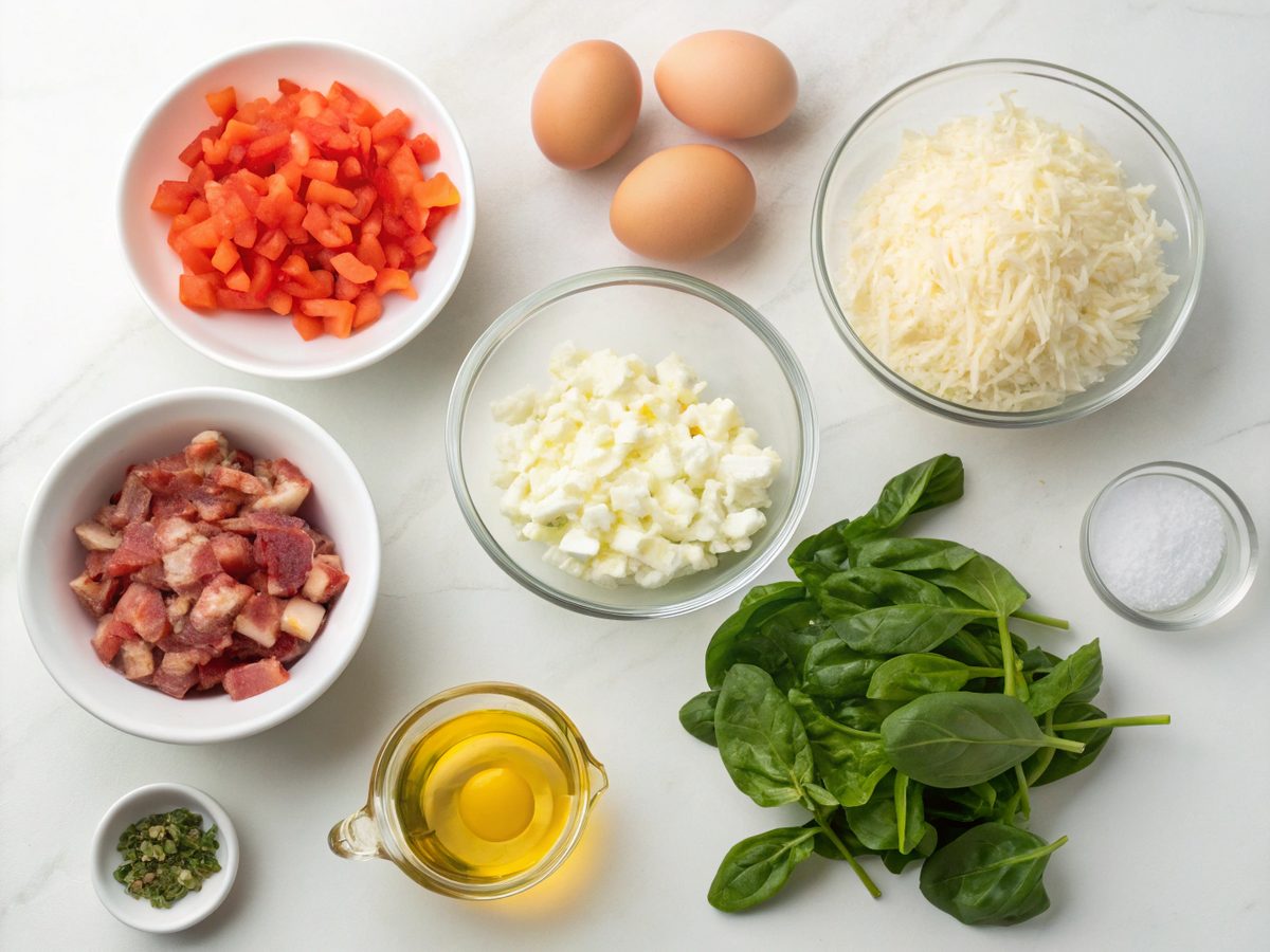 Flat lay of ingredients for keto ricotta breakfast casserole on a counter