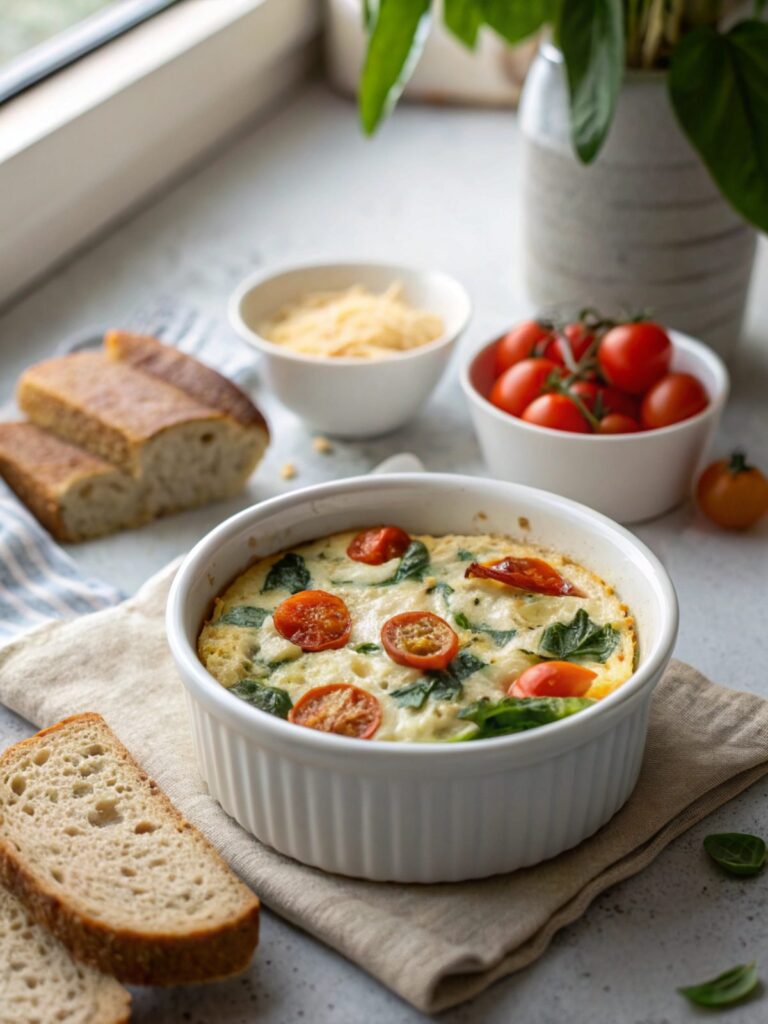 Gorgeous display of the keto ricotta breakfast casserole, warm and inviting