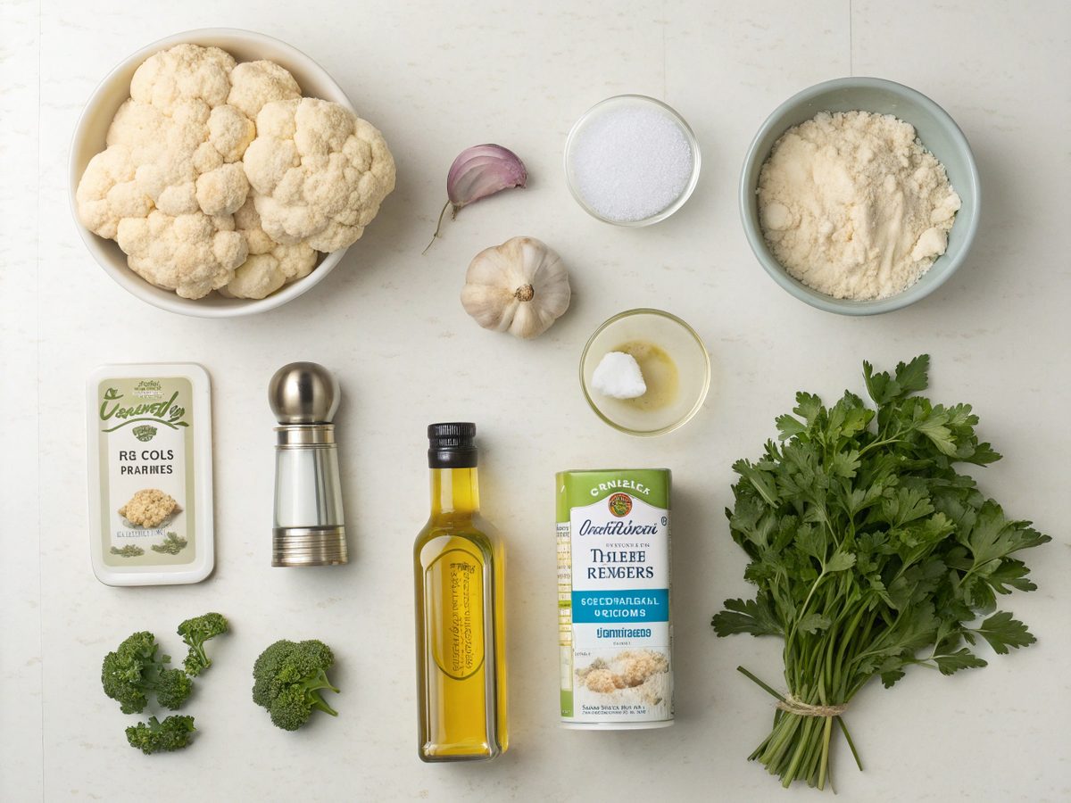 An overhead view of keto roasted cauliflower garlic soup ingredients.
