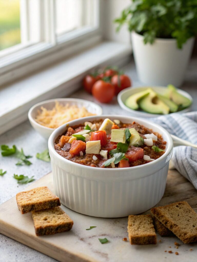 Beautifully presented image of a keto salsa one pot dish served simply yet elegantly.