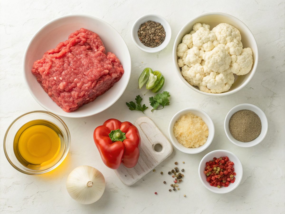 A flat lay image depicting the ingredients used for the keto salsa one pot dish.