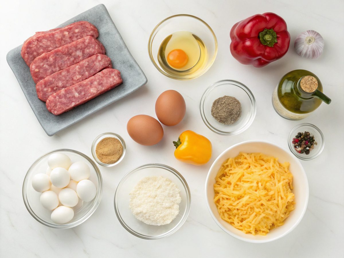 Cooking ingredients for keto sausage breakfast casserole - includes sausage, eggs, and bell peppers.