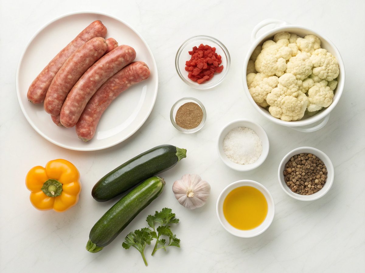 Top view of ingredients for keto sausage chowder recipe