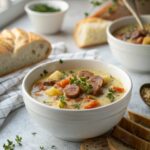 Featured image showing a bowl of delicious keto sausage chowder