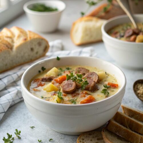 Featured image showing a bowl of delicious keto sausage chowder
