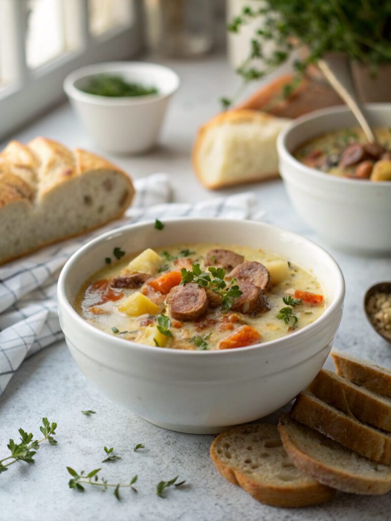 Featured image showing a bowl of delicious keto sausage chowder