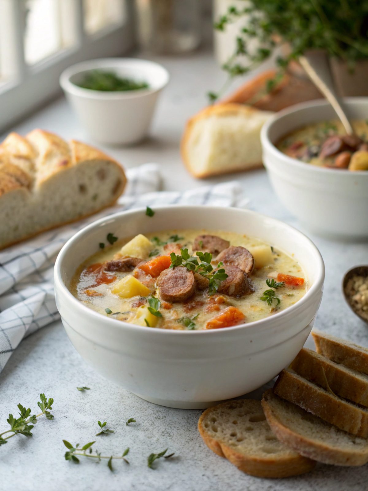 Featured image showing a bowl of delicious keto sausage chowder