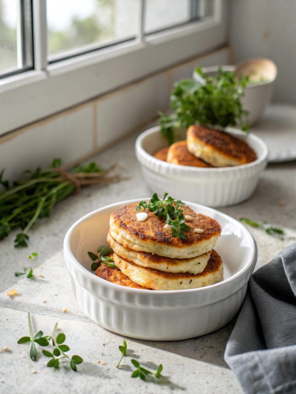 Perfectly golden keto savory cottage cheese pancakes served warm.
