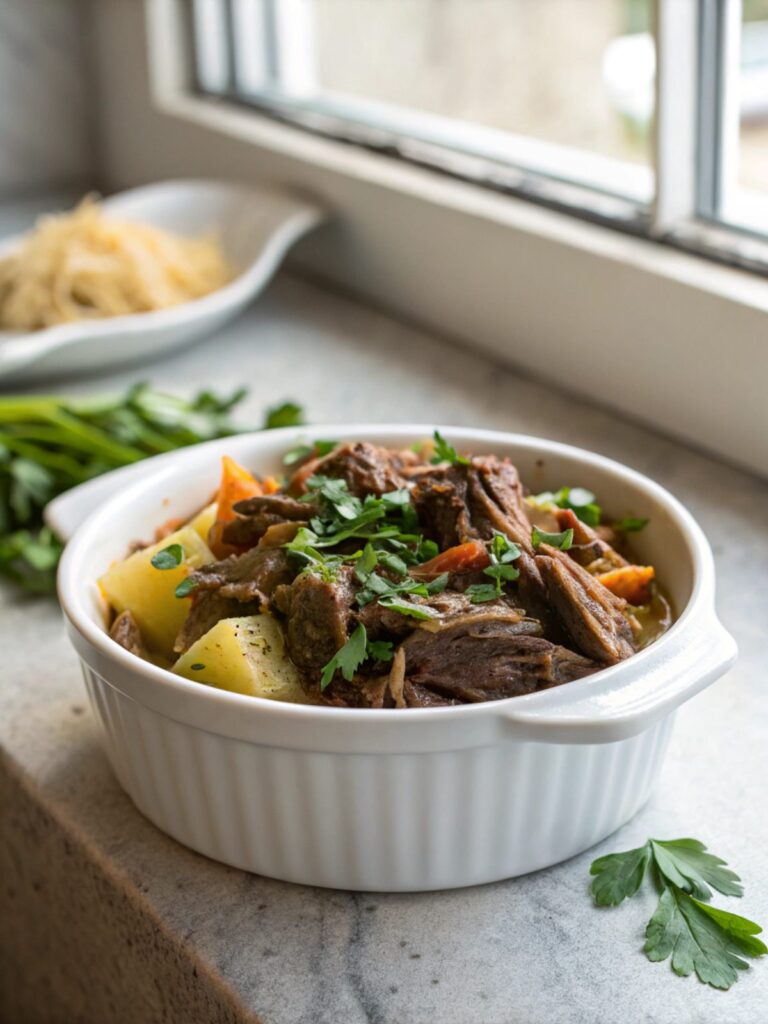 A tempting view of Keto Slow Cooker Mississippi Pot Roast No Packets ready to serve