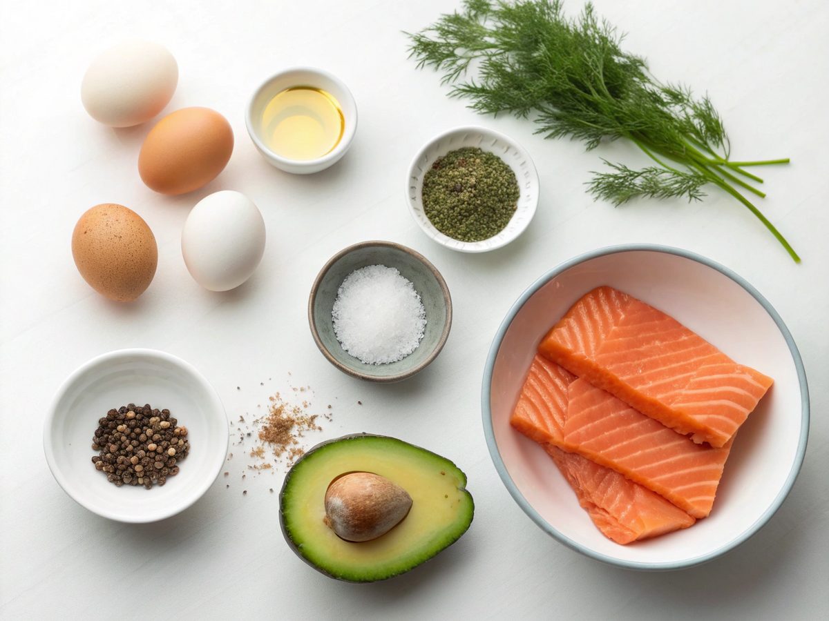 Ingredients for keto smoked salmon avocado egg cups, featuring eggs, avocado, and smoked salmon.