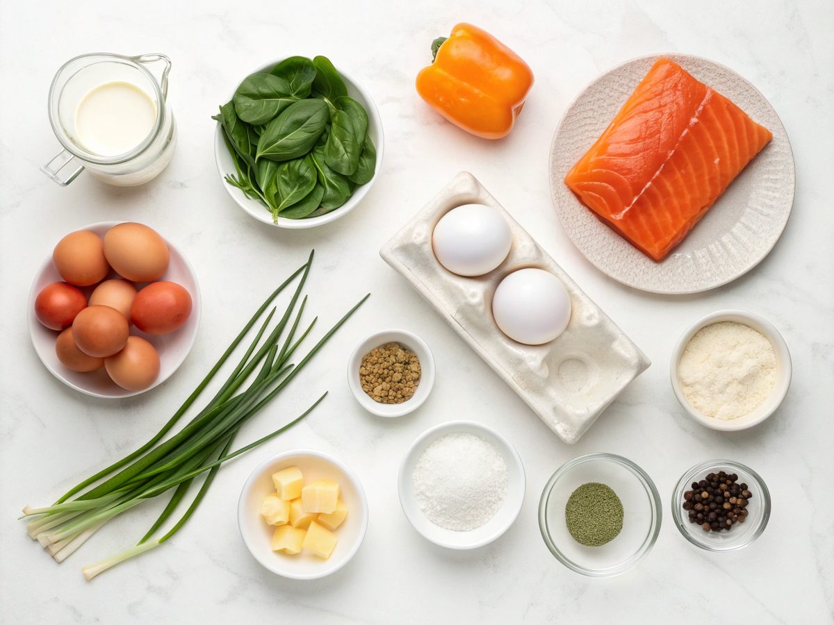 SEO-friendly alt tag describing the ingredients for keto smoked salmon breakfast casserole