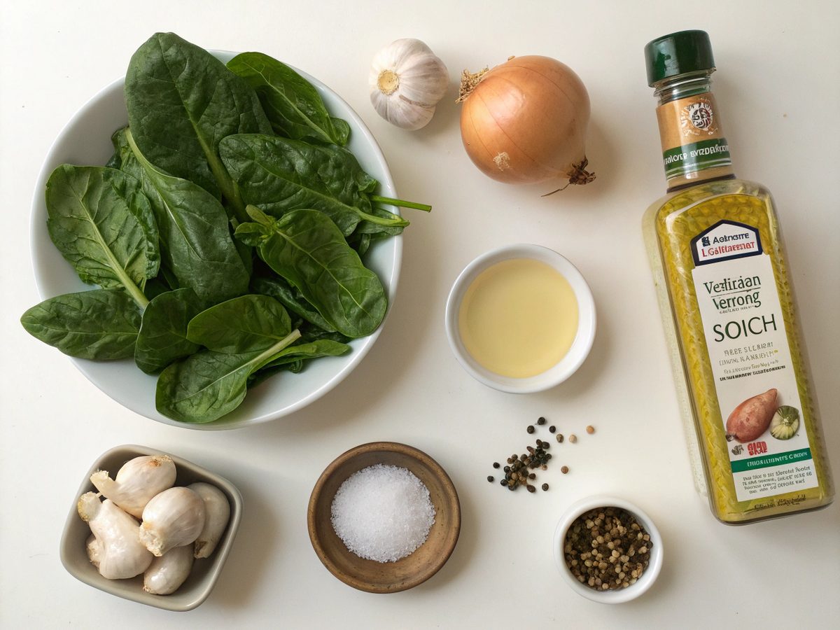 Flat lay of ingredients for keto spinach soup recipe including spinach, garlic, cream.
