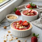 A sumptuous presentation of Keto Strawberries Cheesecake Dessert with a fresh strawberry top