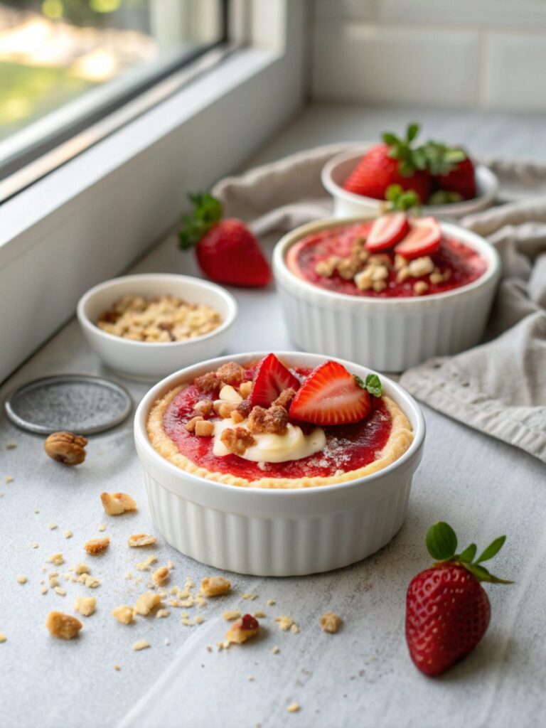 A sumptuous presentation of Keto Strawberries Cheesecake Dessert with a fresh strawberry top