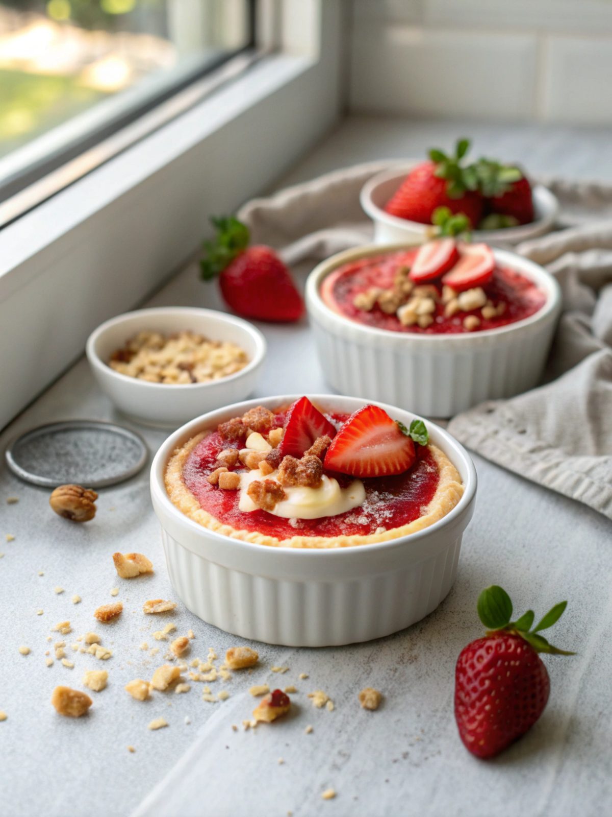 A sumptuous presentation of Keto Strawberries Cheesecake Dessert with a fresh strawberry top