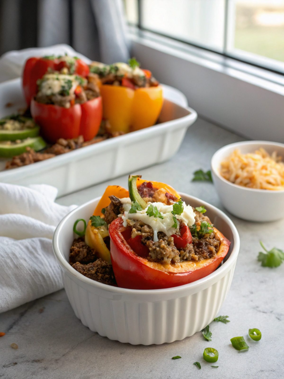 Mouth-watering image of Keto Taco Stuffed Bell Peppers with Beef fresh out of the oven.