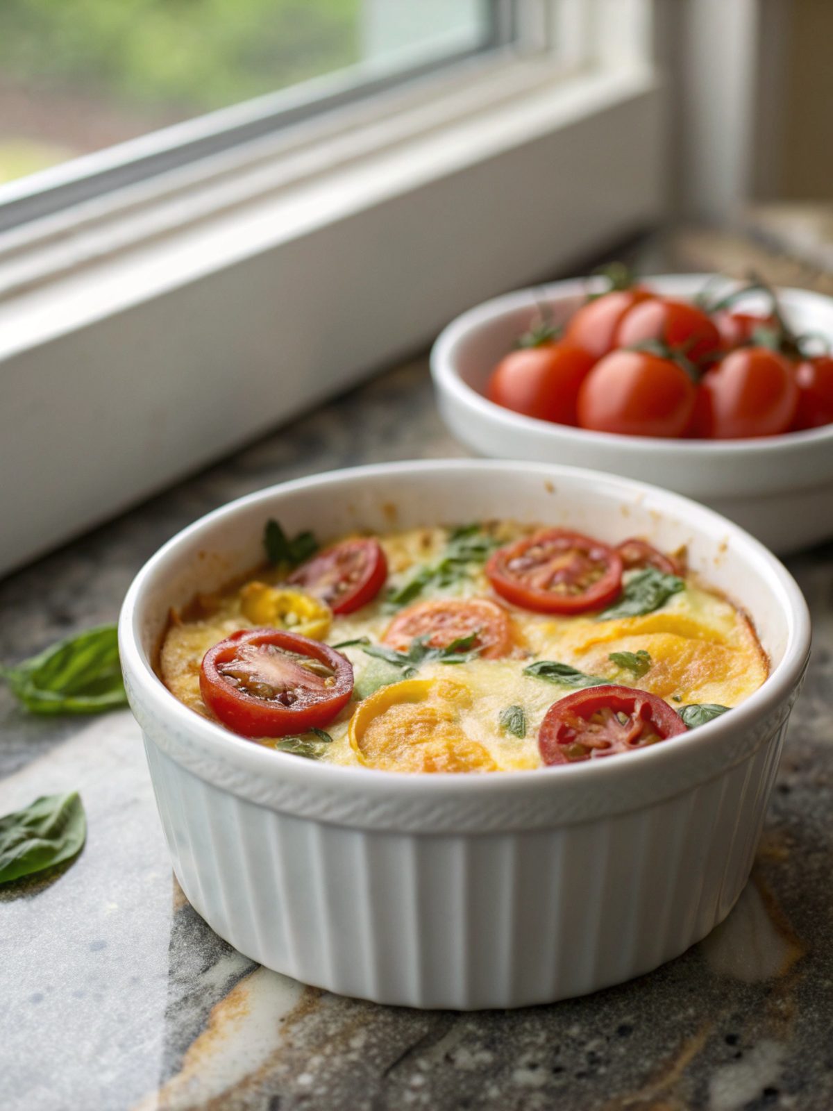 A vibrant featured image of Keto Tomato Breakfast Casserole with fresh basil.