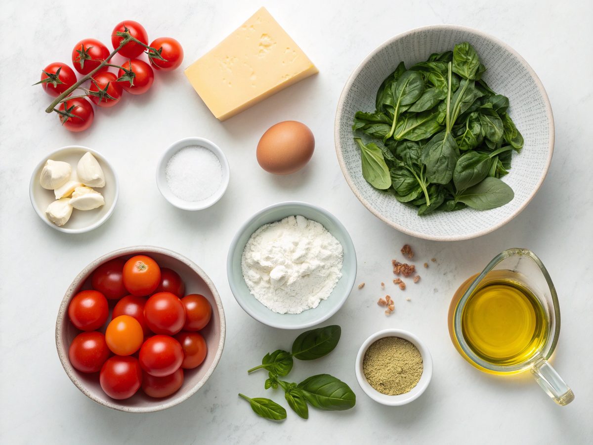 Ingredients for the Keto Tomato Breakfast Casserole including eggs, spinach, and tomatoes