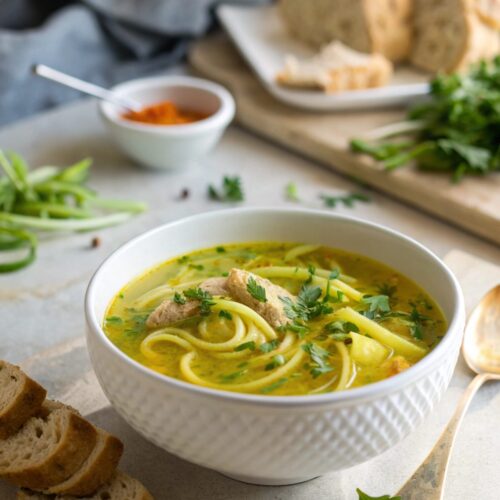A vibrant bowl of Keto Turmeric Ginger Chicken Soup Zoodles, served hot.