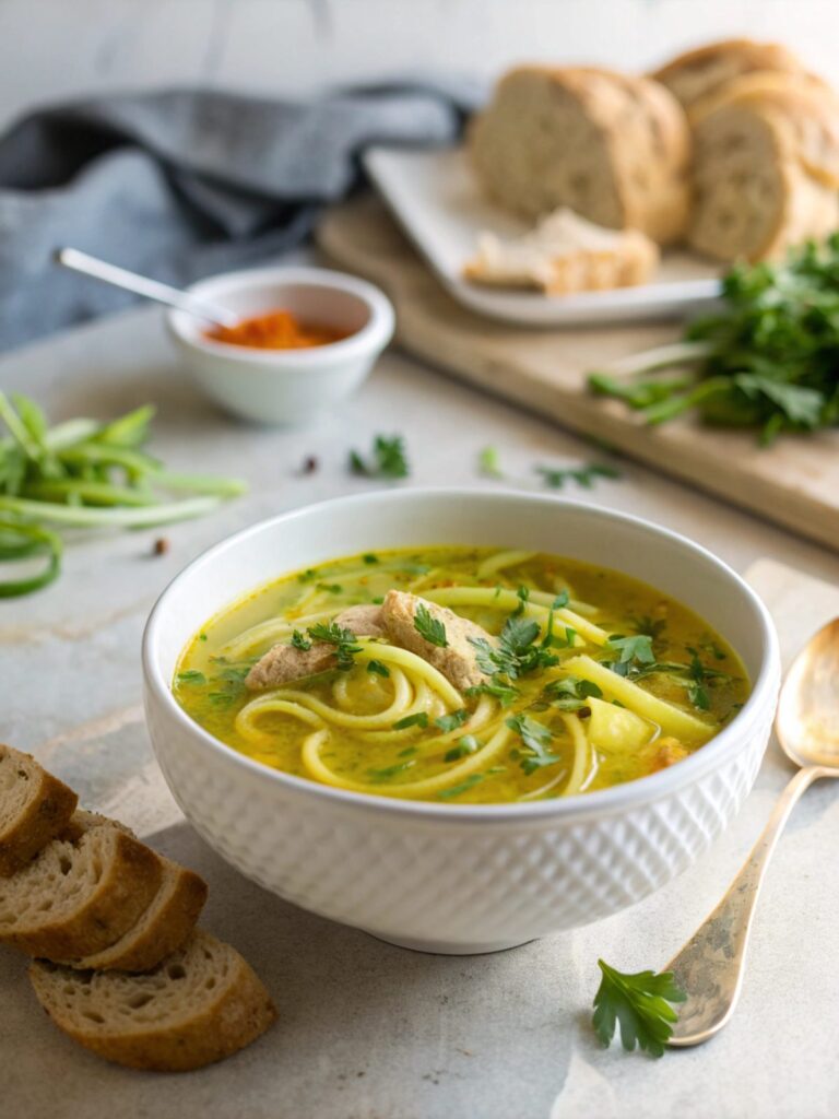 A vibrant bowl of Keto Turmeric Ginger Chicken Soup Zoodles, served hot.