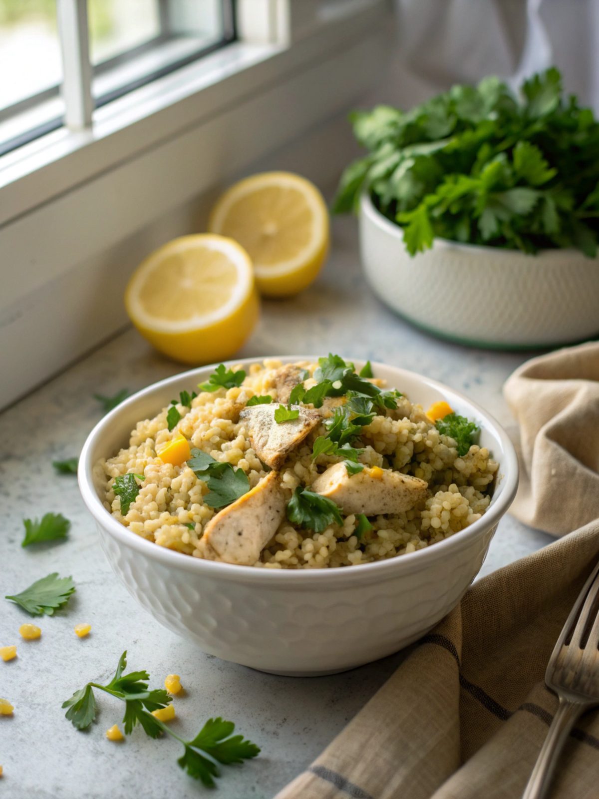 An inviting plate of lemon herb chicken quinoa pilaf, garnished and ready to serve